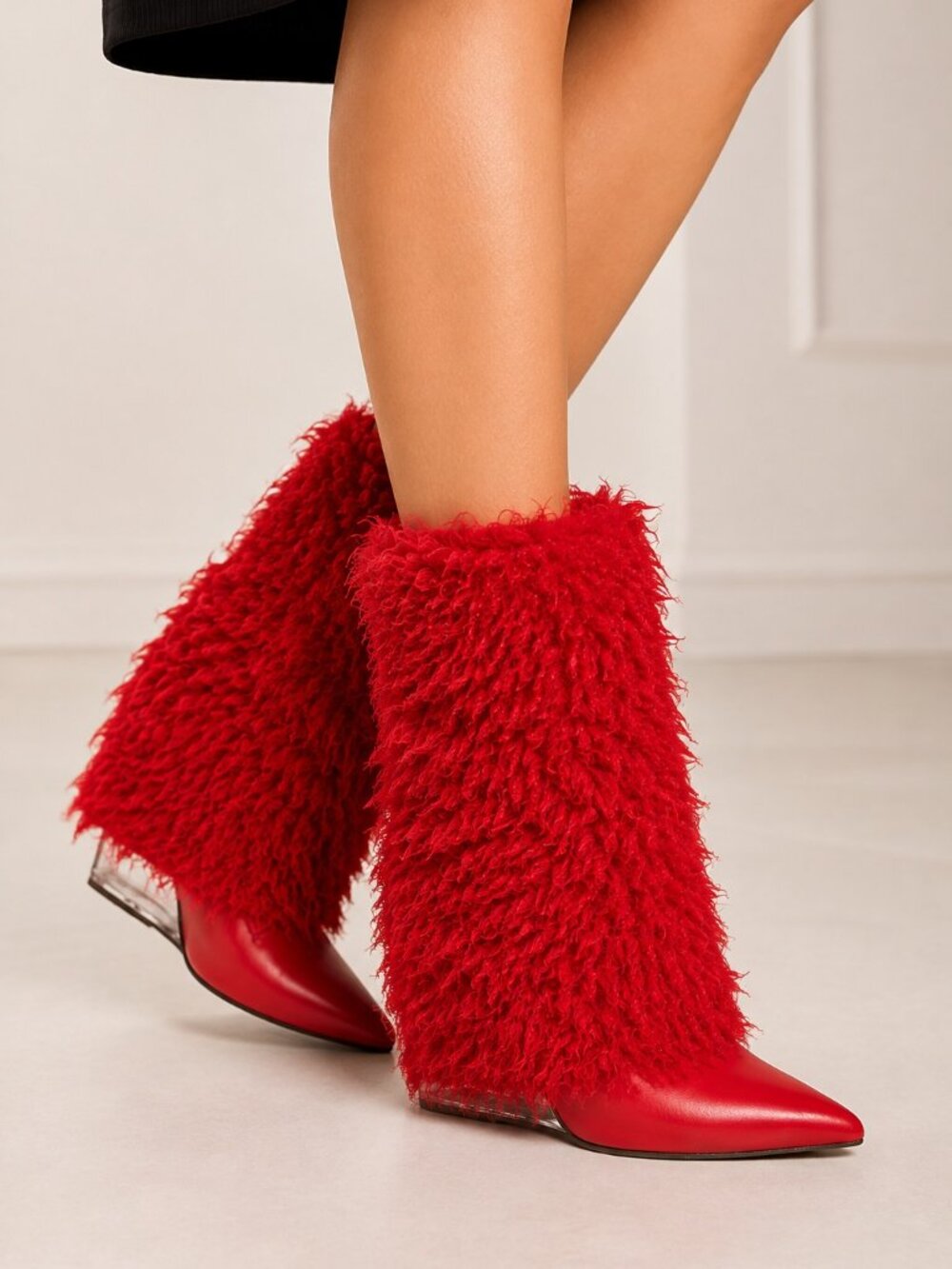 Women’s Shaggy Faux Fur Boots Pointed Toe Clear Wedge Heel Statement Boots